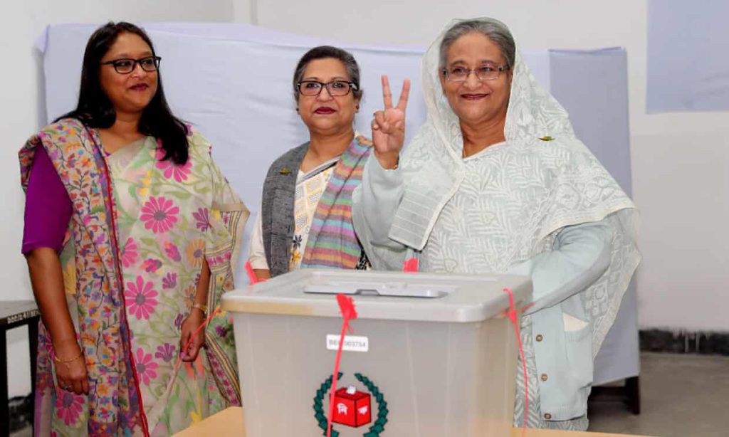 Prime minister Sheikh Hasina after casting her vote in Dhaka. Photograph: Reuters